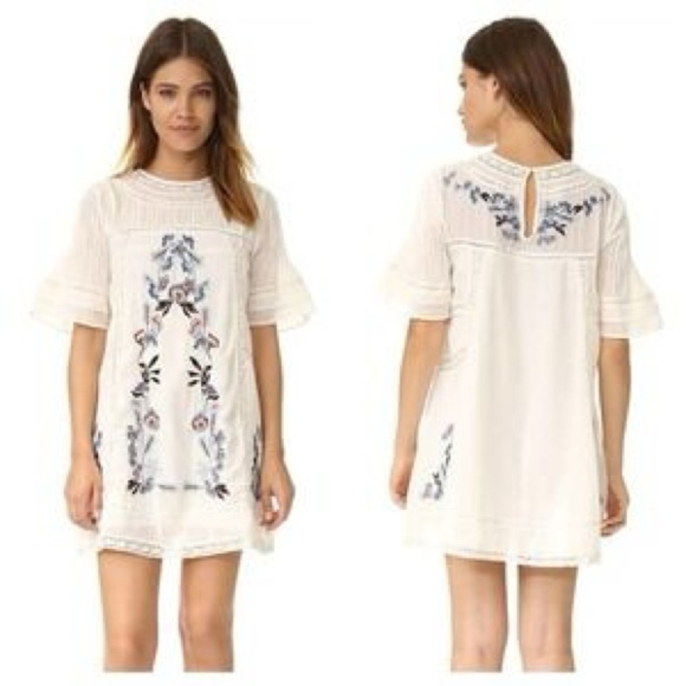 Free People French Quarter Cream Dress with Blue and Red Embroidery